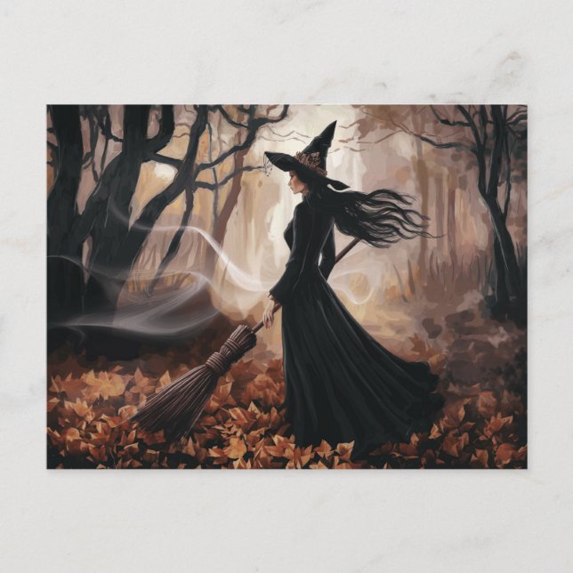 Modern Trendy Halloween Witch in Forest            Postcard (Front)