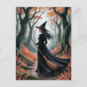 Modern Trendy Halloween Witch in Forest            Postcard