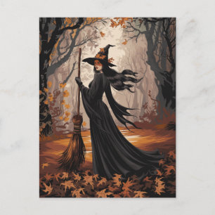 Modern Trendy Halloween Witch in Forest            Postcard