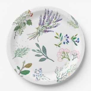 Modern trendy Herbs and foliage green and white Paper Plate