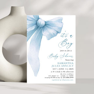 Modern Trendy Its a Boy Blue Bow Baby Shower Invitation