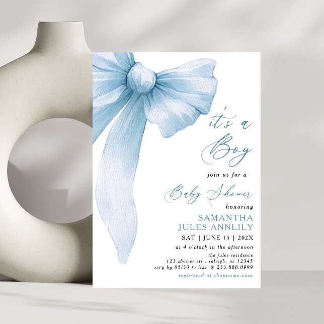 Modern Trendy Its a Boy Blue Bow Baby Shower Invitation (Creator Uploaded)