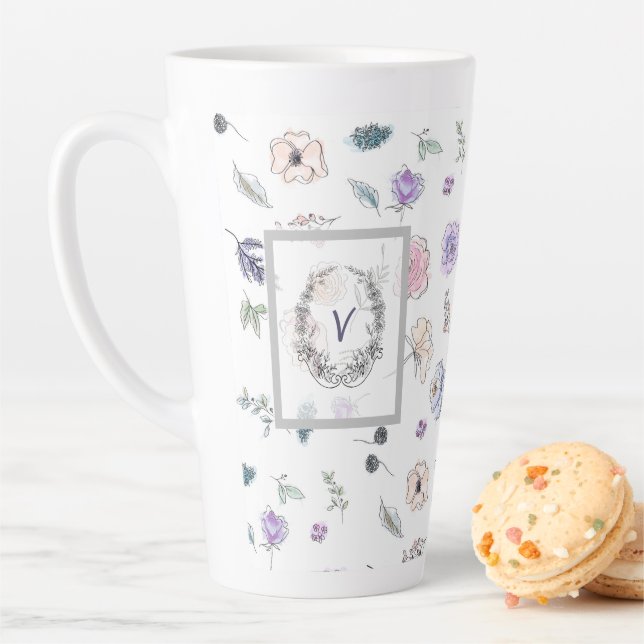 Modern Trendy Kute Flower Watercolor Monogram Latte Mug (In Situ)