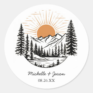 Modern Trendy Line Art Mountains Wedding           Classic Round Sticker