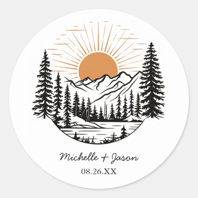 Modern Trendy Line Art Mountains Wedding           Classic Round Sticker (Front)