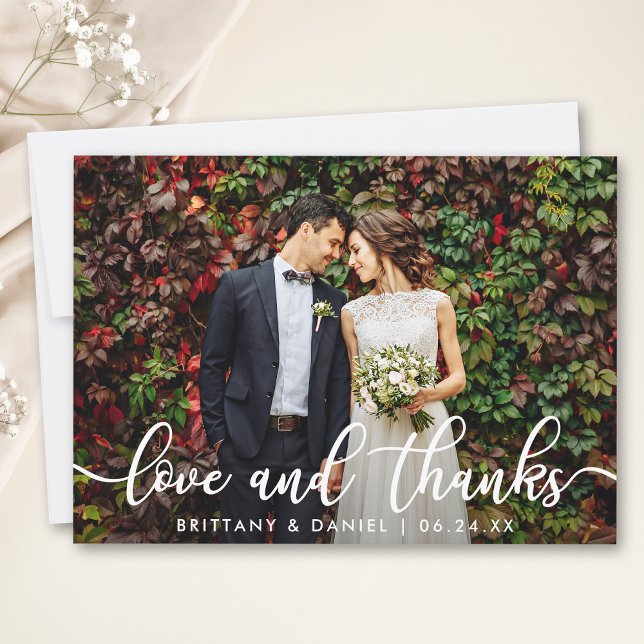 Modern Trendy Love and Thanks | Wedding Photo Card (Customize to add text or more photos to back of card.)