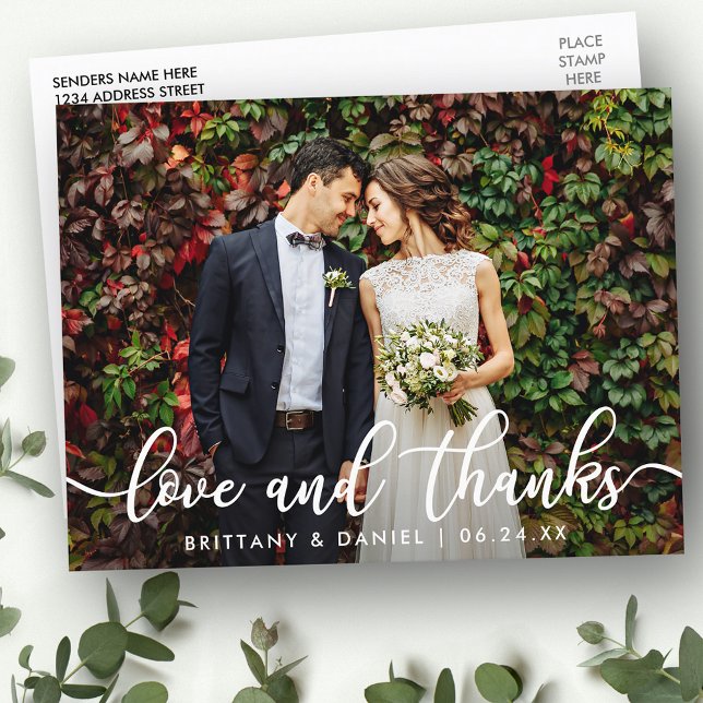 Modern Trendy Love and Thanks | Wedding Photo Postcard (Customize to change your personalized text size or text style.)