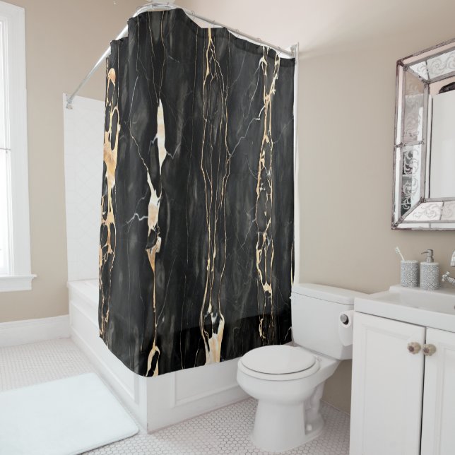 Modern Trendy Marble Pattern in Black Gold Grey Shower Curtain (In Situ)