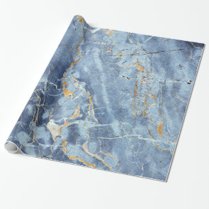 Modern Trendy Marble Pattern in Blue Gold Grey Wrapping Paper