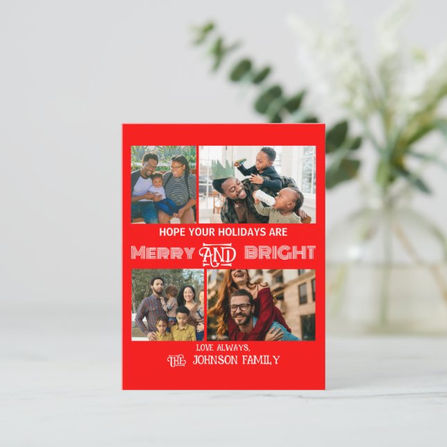 Modern trendy Merry and Bright Family Photo Holiday Postcard (Standing Front)