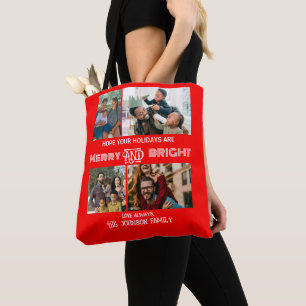 Modern trendy Merry and Bright Family Photo Tote Bag