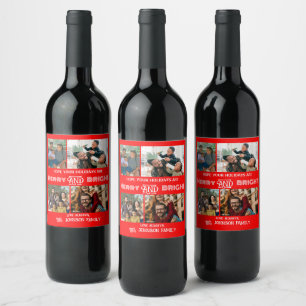 Modern trendy Merry and Bright Family Photo Wine Label