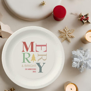 Modern Trendy Merry And Bright Minimalist Colourfu Paper Plate