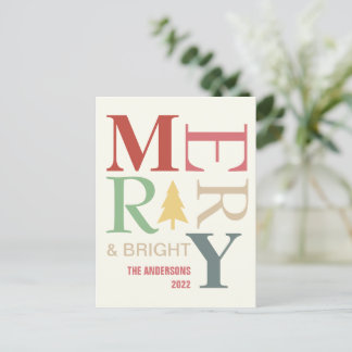 Modern Trendy Merry And Bright Minimalist Colourfu Postcard