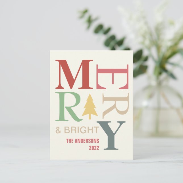 Modern Trendy Merry And Bright Minimalist Colourfu Postcard (Standing Front)