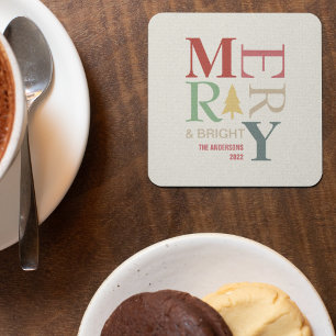 Modern Trendy Merry And Bright Minimalist Colourfu Square Paper Coaster