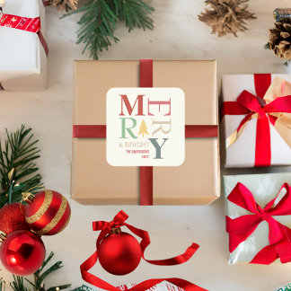 Modern Trendy Merry And Bright Minimalist Colourfu Square Sticker