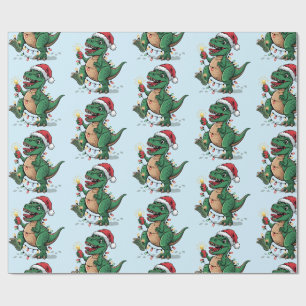 Modern Trendy Merry Christmas Dinosaur Santa Hat Wrapping Paper
