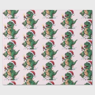 Modern Trendy Merry Christmas Dinosaur Santa Hat   Wrapping Paper