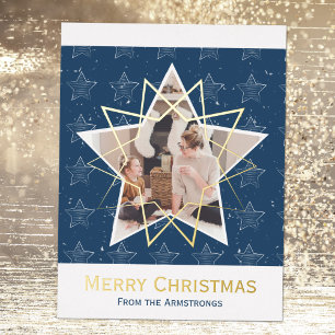 Modern Trendy Merry Christmas Stars Photo Blue Foil Holiday Postcard