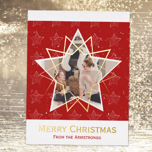 Modern Trendy Merry Christmas Stars Photo Red Foil Holiday Postcard