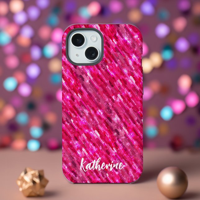 Modern trendy monogram hot pink glitter  iPhone 15 case (Creator Uploaded)