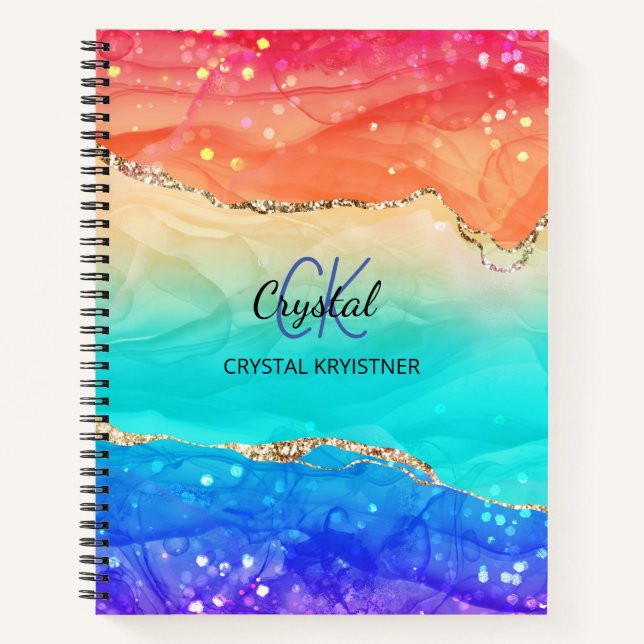 Modern Trendy Monogram Rainbow Agate Glitter  Notebook (Front)