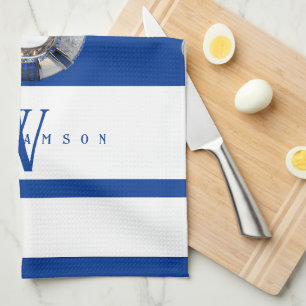 Modern Trendy Monogrammed Nautical Blue and White Tea Towel