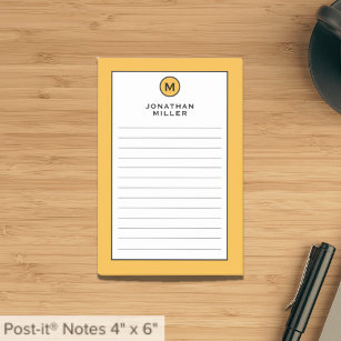 Modern Trendy Mustard Yellow Monogram Lined Post-it Notes
