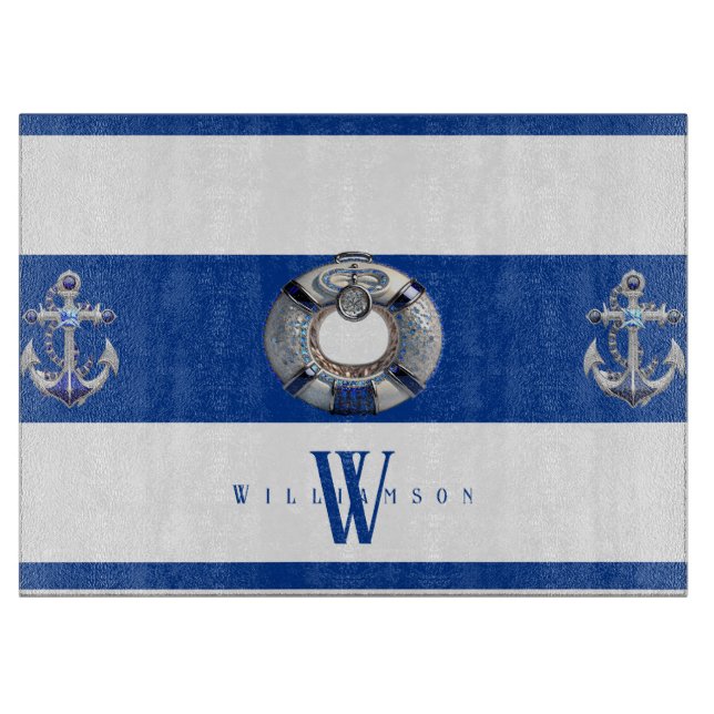 Modern Trendy Nautical Blue and White Cutting Board (Front)