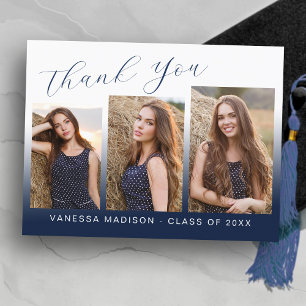 Modern Trendy Navy Blue 3 Photo Grad Thank You Postcard