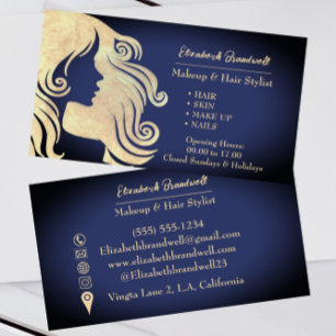 Modern Trendy Navy Blue & Gold Makeup Hairstylist  Business Card