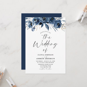 Modern Trendy Navy Blue Watercolor Floral Wedding Invitation