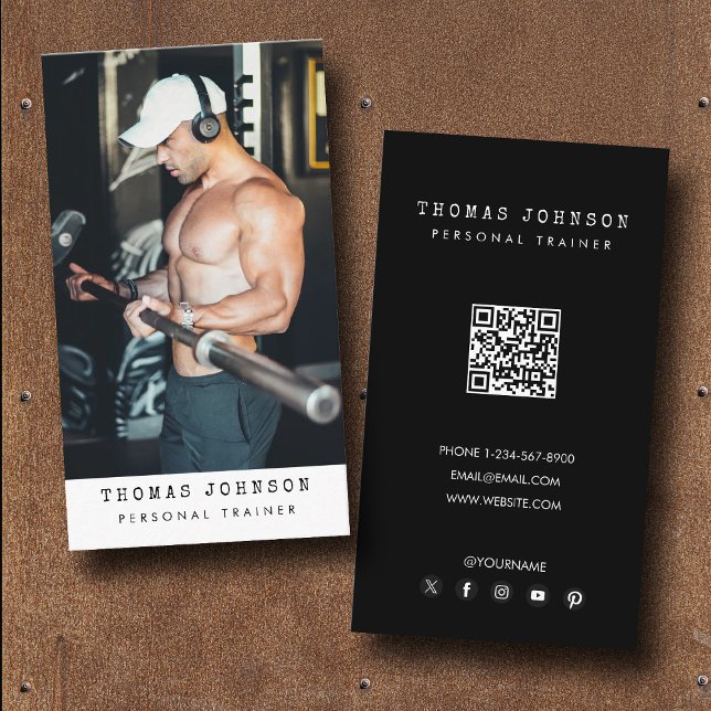 Modern Trendy Personal Trainer Fitness Photo Black Business Card (Modern Trendy Personal Trainer Fitness Photo Black Business Card)