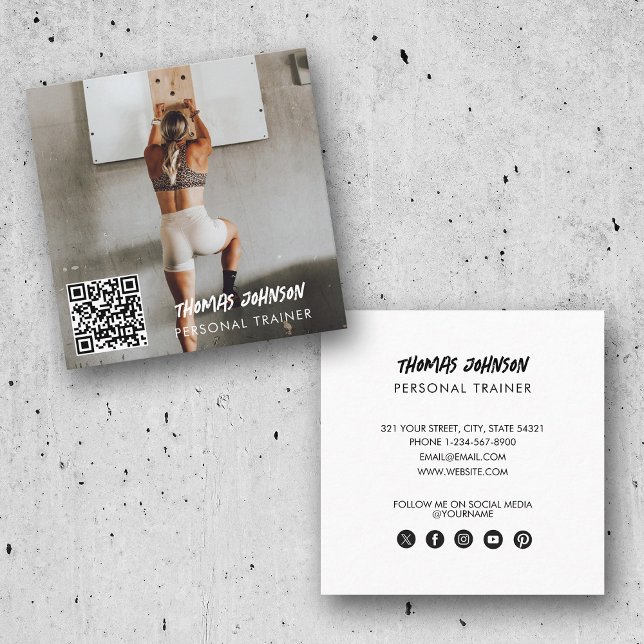 Modern Trendy Personal Trainer Fitness Photo Square Business Card (Modern Trendy Personal Trainer Fitness Photo Square Business Card)