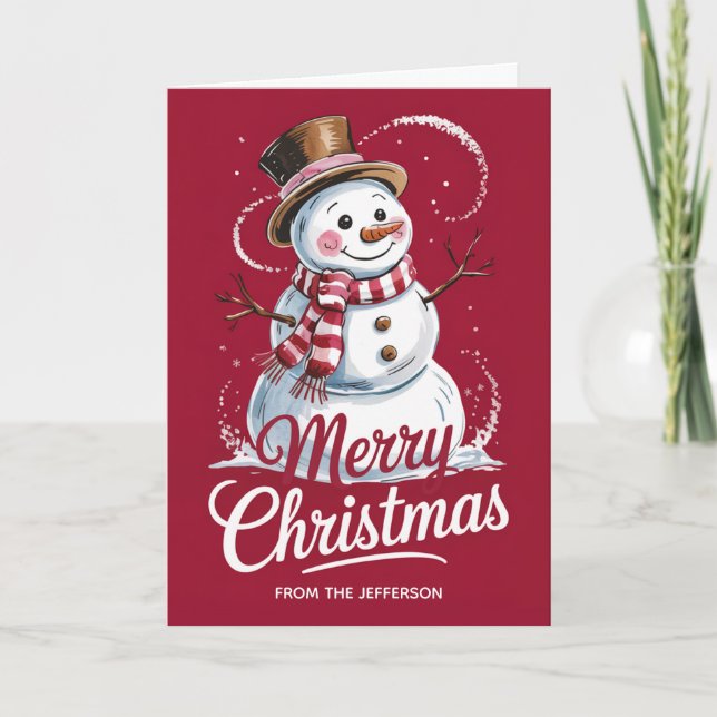 Modern Trendy Personalised Merry Christmas Snowman Holiday Card (Front)