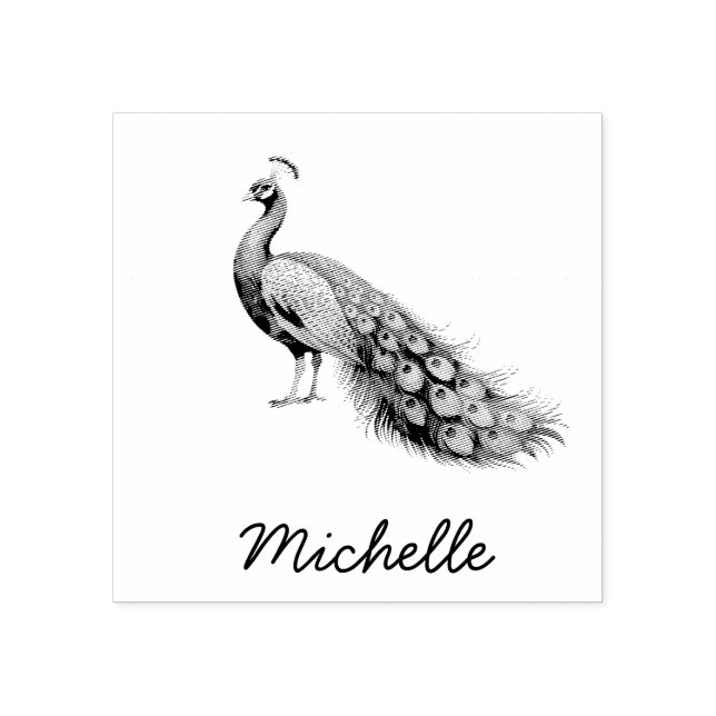 Modern Trendy  Personalised Name Peacock Rubber Stamp (Imprint)