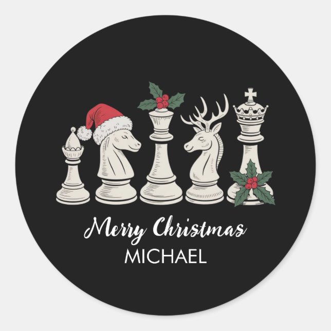 Modern Trendy Personalized Chess Pieces Christmas  Classic Round Sticker (Front)