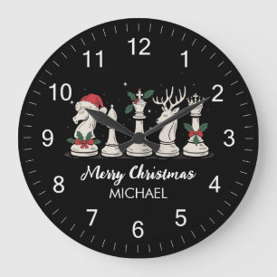 Modern Trendy Personalized Chess Pieces Christmas Large Clock