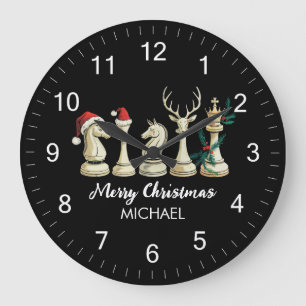 Modern Trendy Personalized Chess Pieces Christmas Large Clock