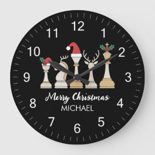 Modern Trendy Personalized Chess Pieces Christmas Large Clock