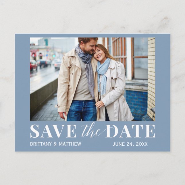 Modern Trendy Photo Dusty Blue Save The Date Postcard (Front)