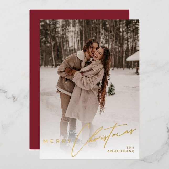Modern Trendy Photo Elegant Script Red Christmas  (Front/Back)