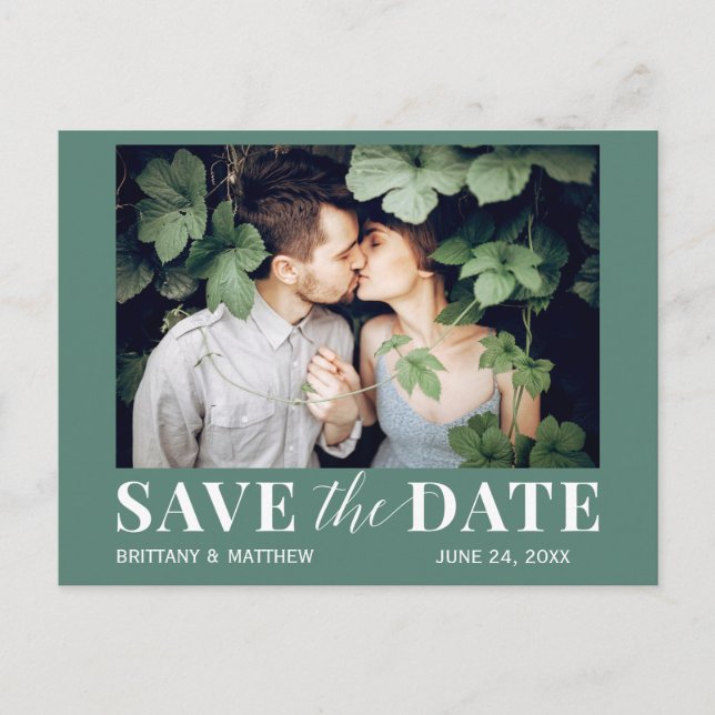 Modern Trendy Photo Eucalyptus Green Save The Date Postcard (Front)