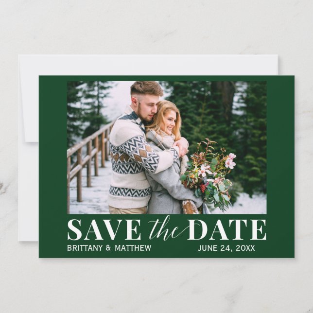 Modern Trendy Photo Forest Green Save The Date (Front)