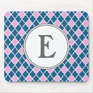 modern, trendy pink and navy quatrefoil monogram mouse pad
