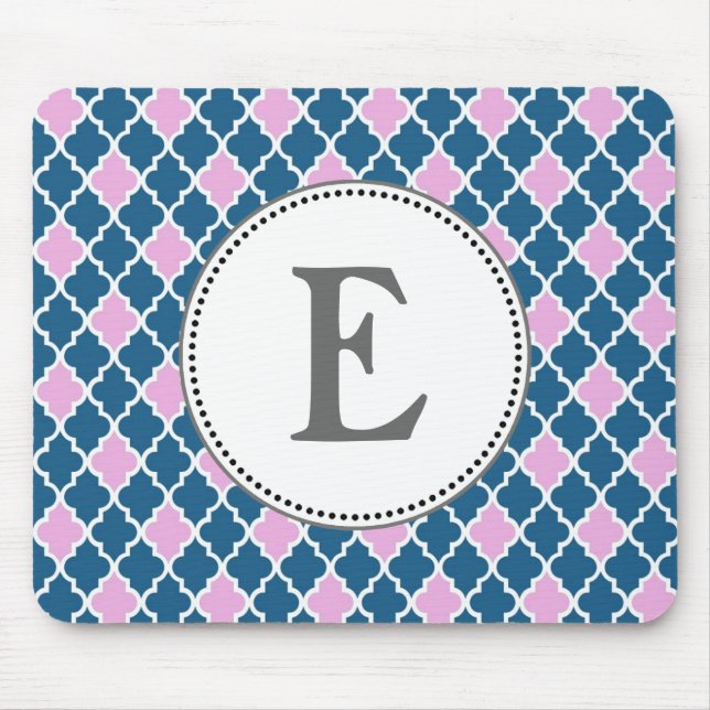 modern, trendy pink and navy quatrefoil monogram mouse pad (Front)
