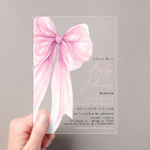 Modern Trendy Pink Bow Baby Shower Acrylic Invitations