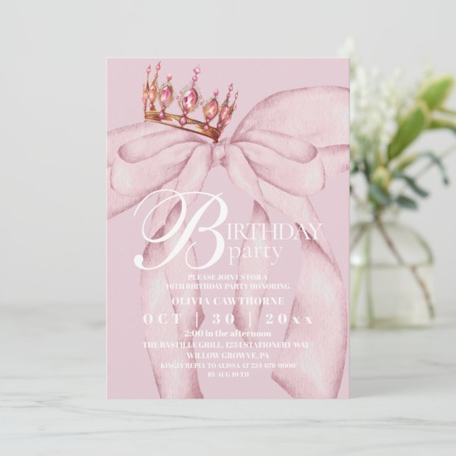  Modern & Trendy Pink Bow Birthday Party Invitation (Standing Front)