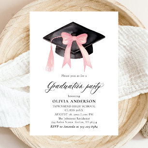 Modern Trendy Pink Bow Graduation Cap Graduation Invitation